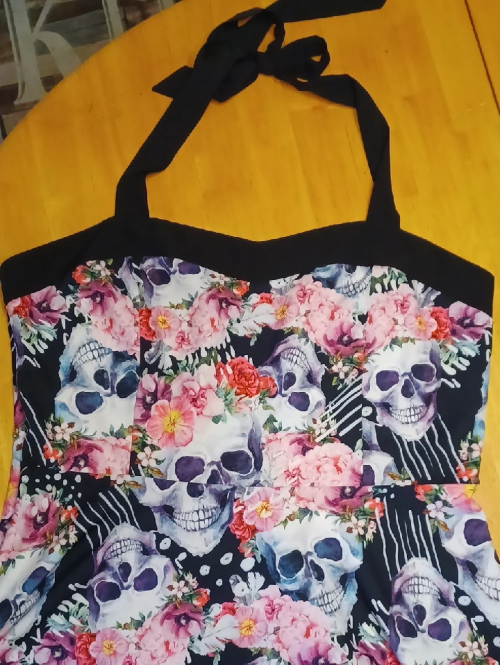 Floral Skull Fit-and-Flare Dress in Black with Pink & Blue Flowers Size XXL - Picture 10 of 14